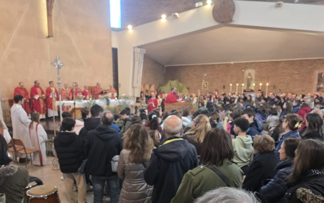 La Zona Pastorale Flaminia trasforma Regina Pacis in una cattedrale: centinaia di fedeli, 12 concelebranti, uno stuolo di diaconi e accoliti e oltre 50 le voci del coro che hanno animato la liturgia della Domenica delle Palme